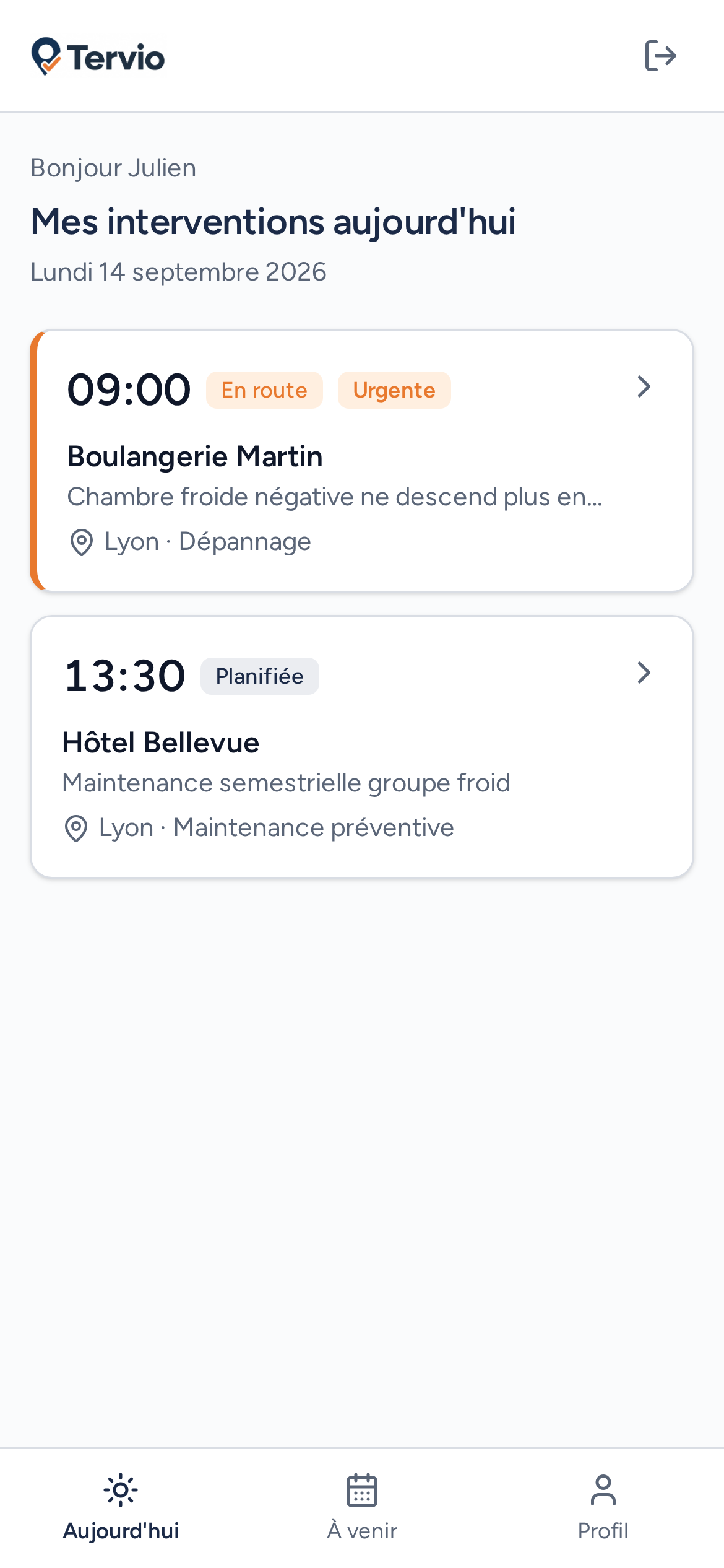 Deux interventions planifiées dans l’interface mobile Tervio, dont une urgente