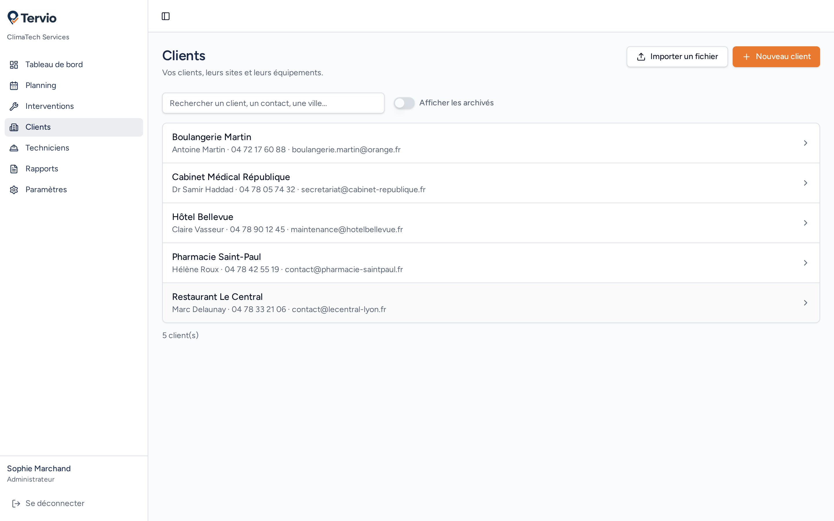 Fiche client Tervio avec ses sites, équipements et interventions