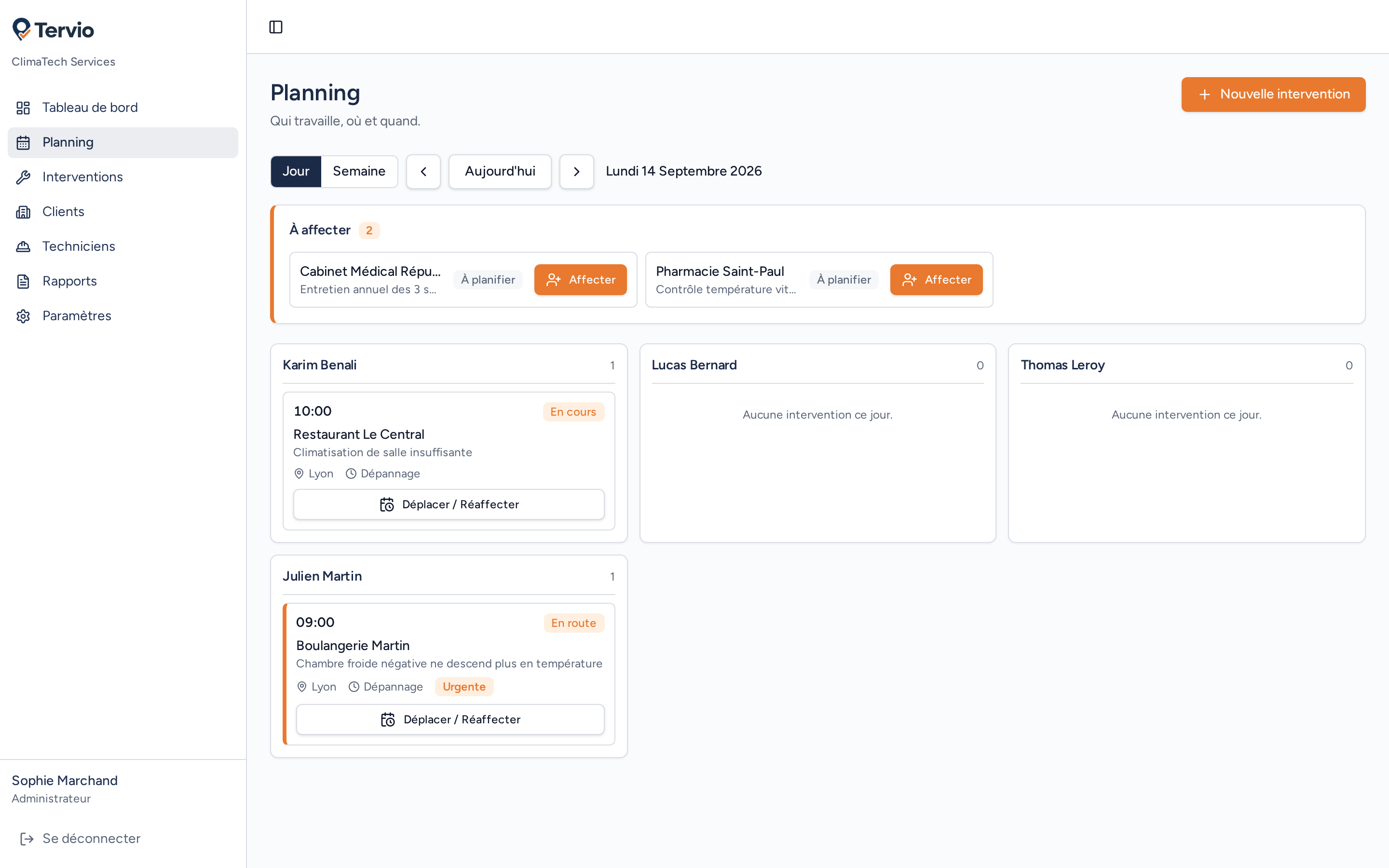 Planning Tervio au bureau avec les interventions réparties par technicien