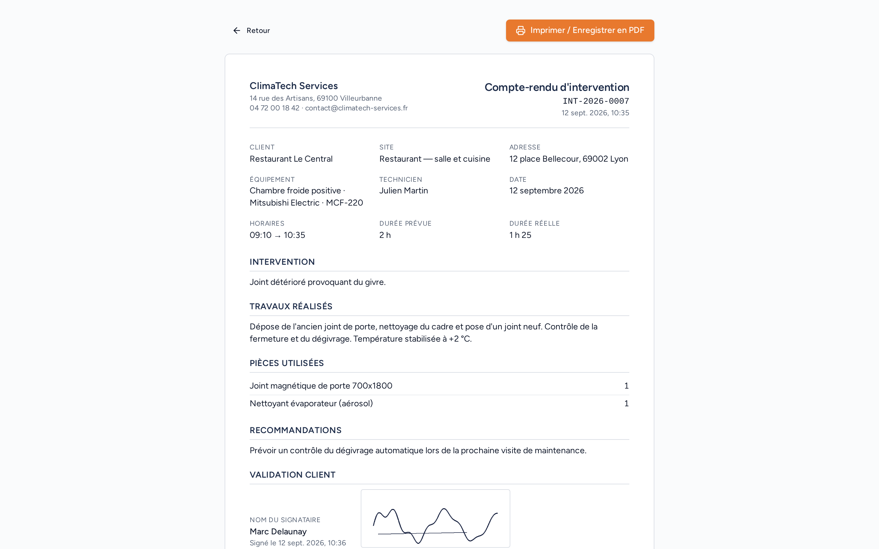 Compte-rendu Tervio avec travaux, photos et validation client