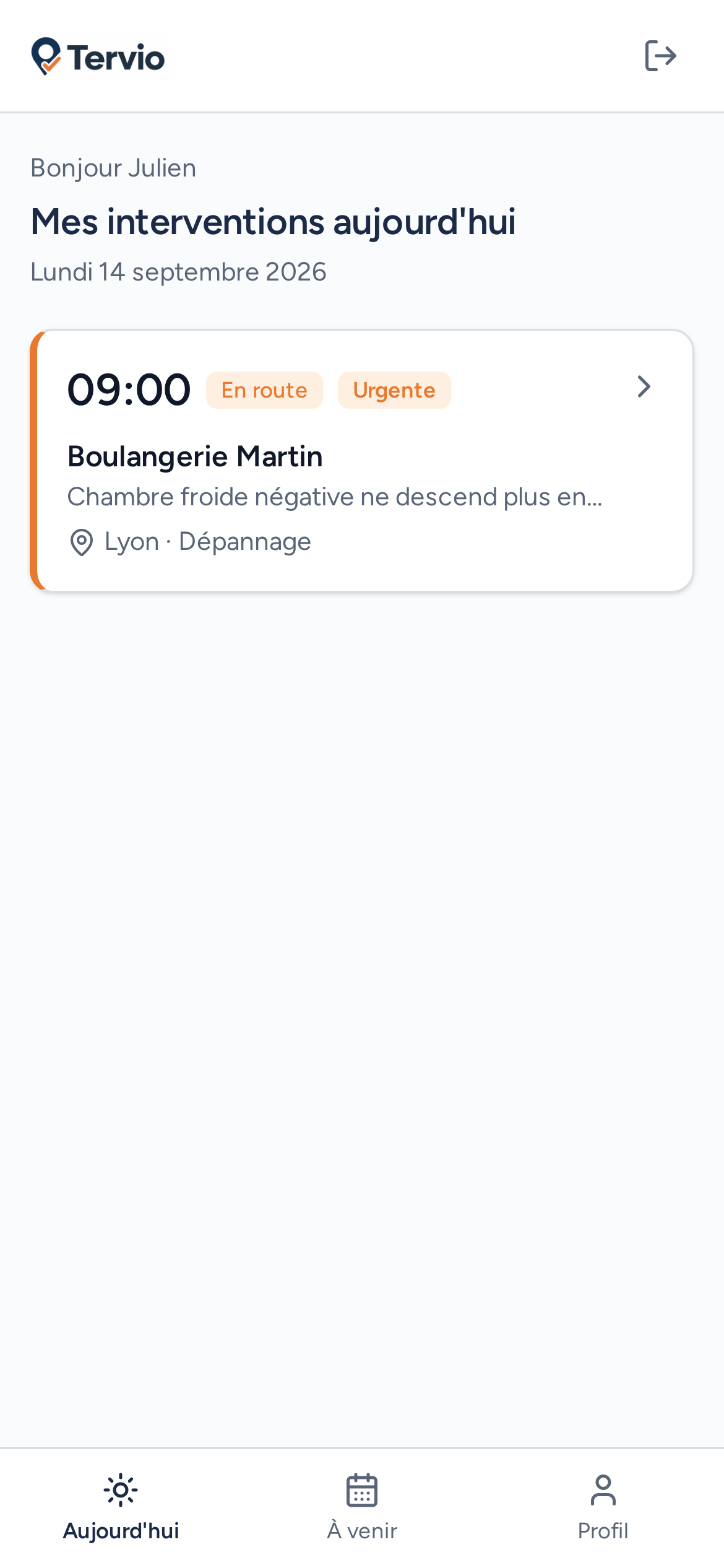 Interventions du jour dans l'interface terrain Tervio