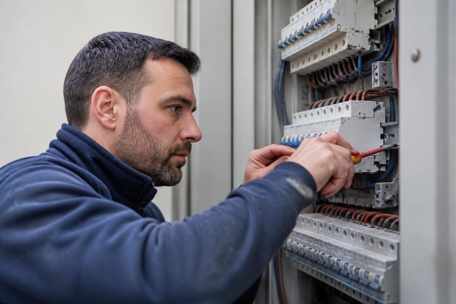 Électricien travaillant sur un tableau électrique dans une armoire ouverte