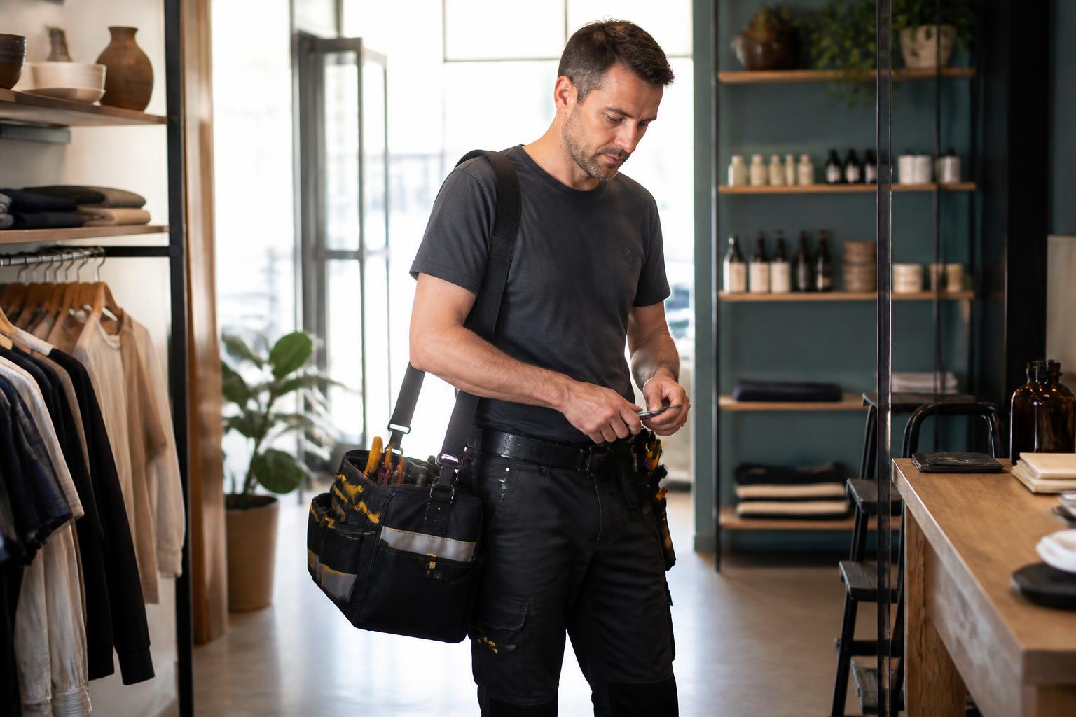 Technicien polyvalent avec sa caisse à outils dans un local commercial