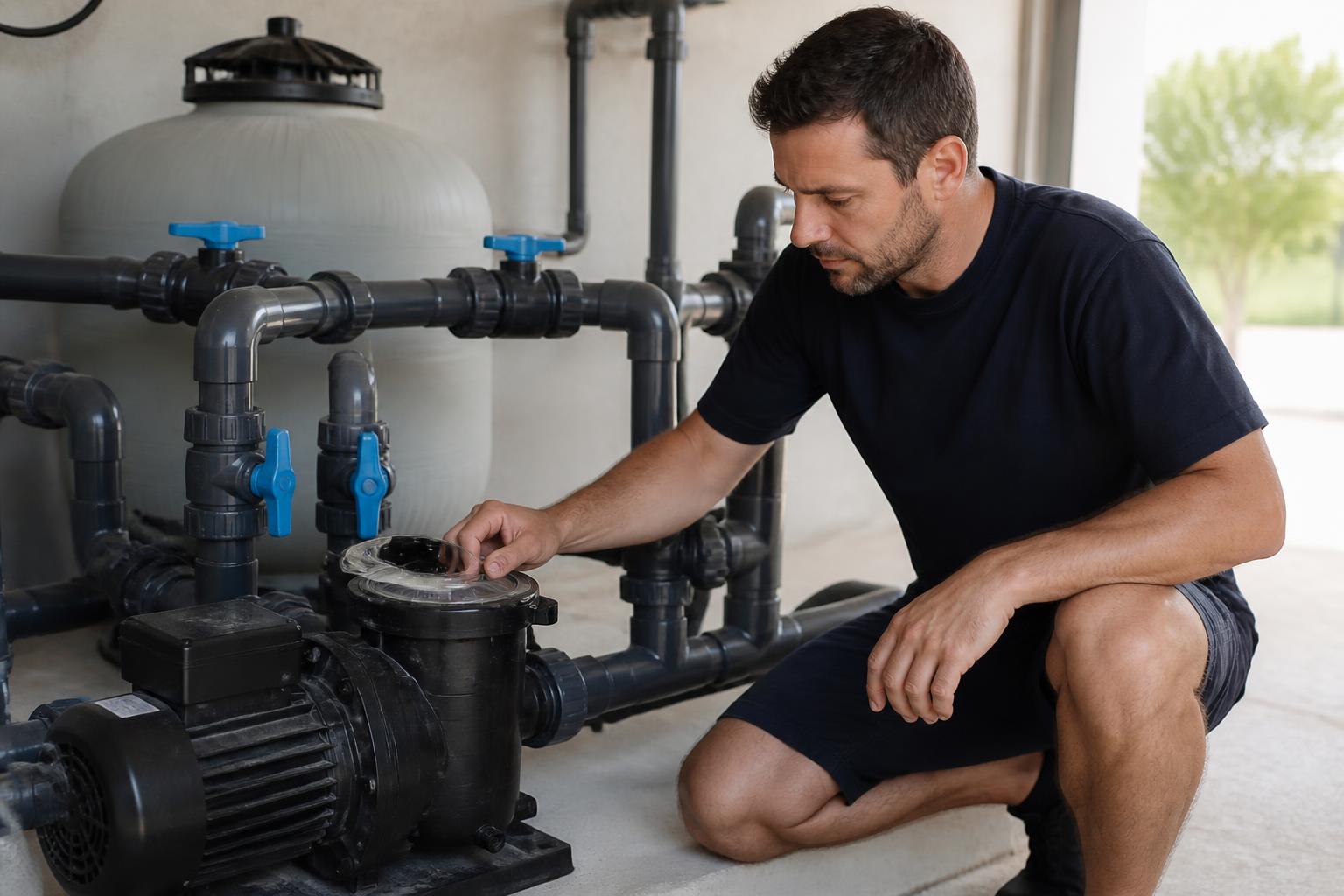 Technicien piscine contrôlant un système de filtration dans un local technique