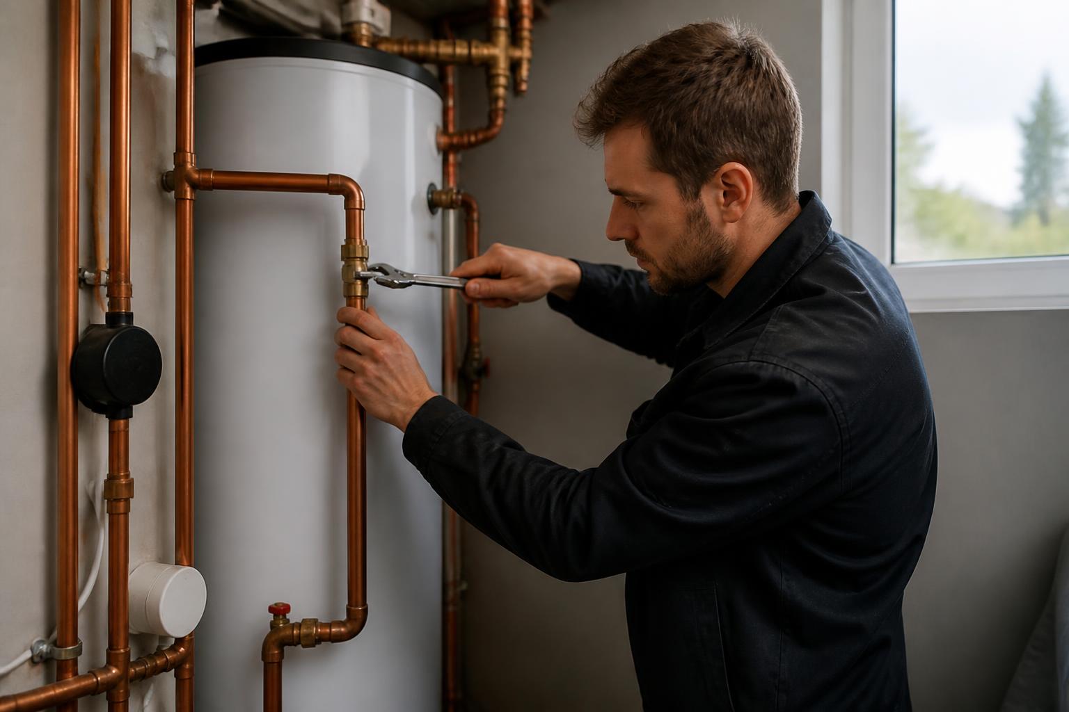 Plombier travaillant sur un réseau de cuivre et un ballon d’eau chaude