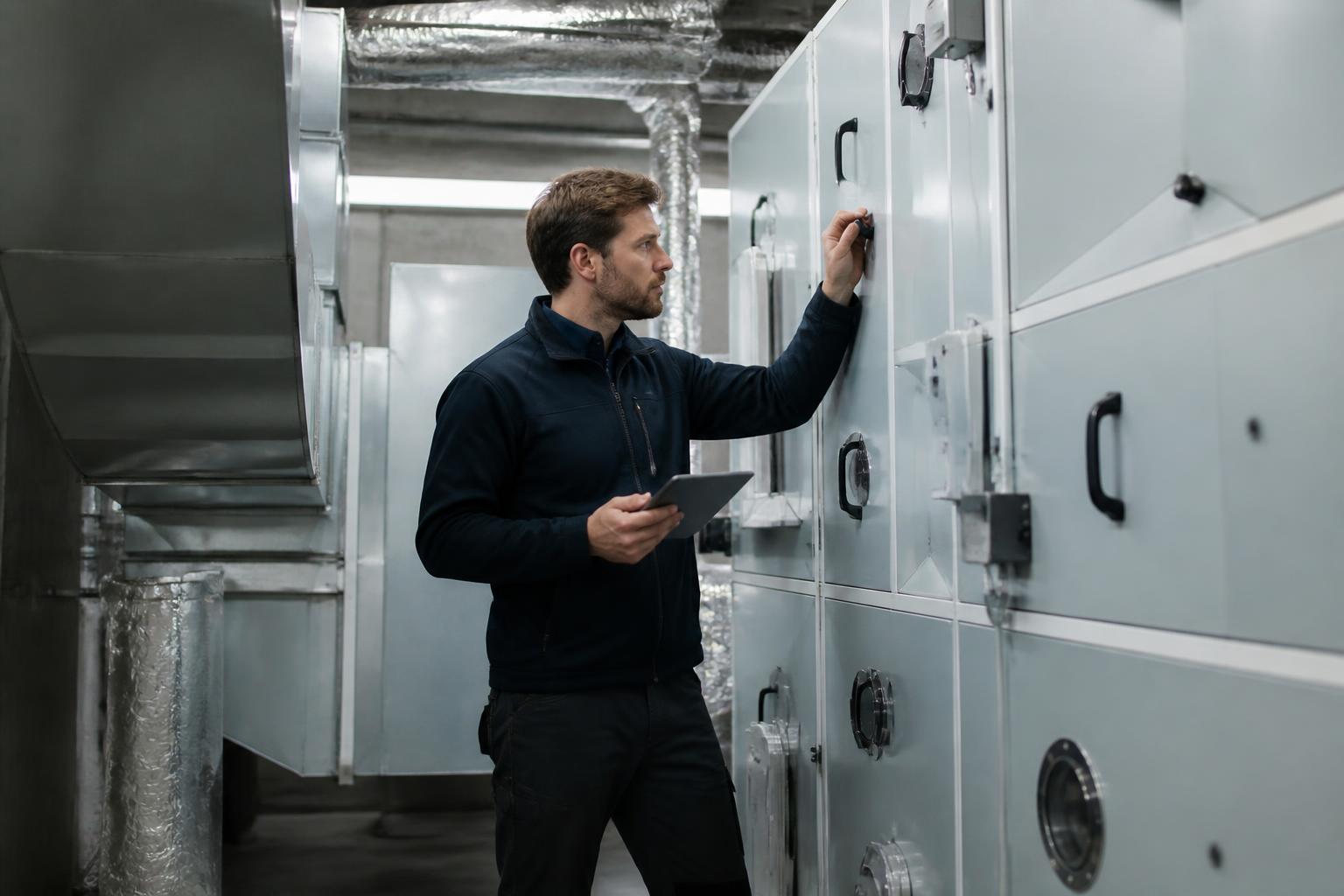 Technicien intervenant sur une centrale de traitement d’air et des gaines de ventilation